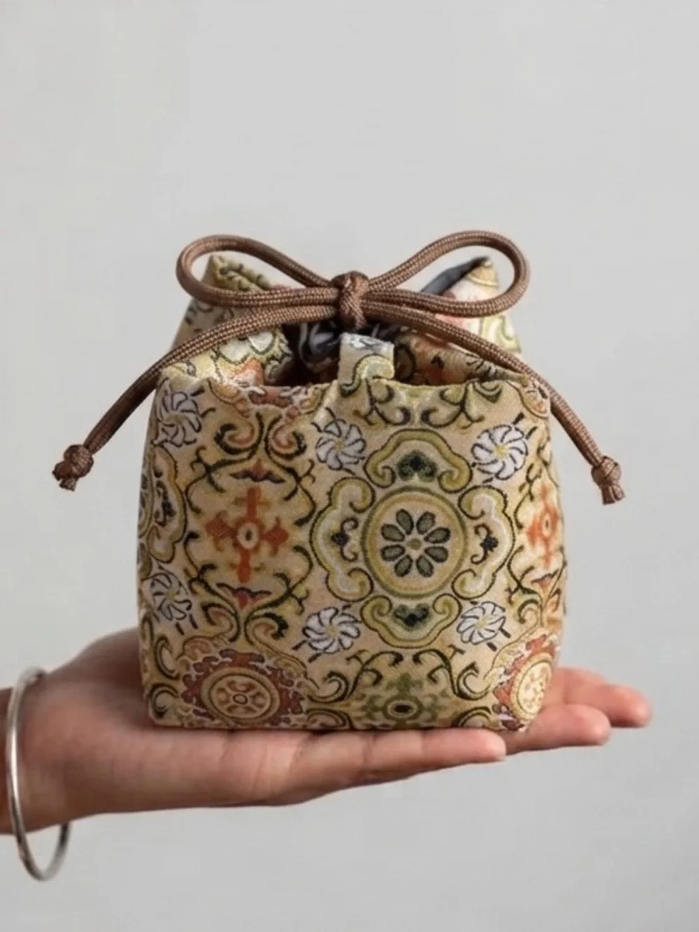 Embroidered Brocade Drawstring Dumpling Cosmetic Pouch